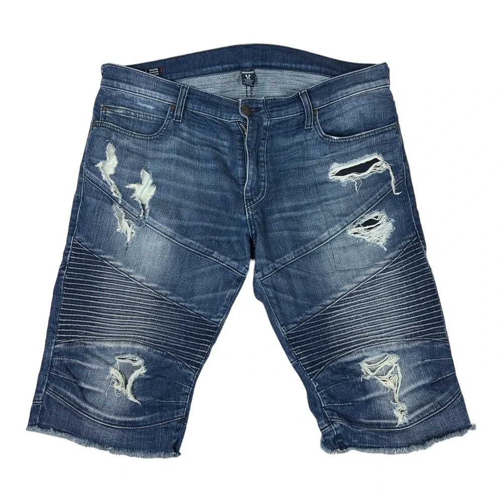 True Religion Geno Relaxed Slim Moto Mens Blue Denim Shorts Size 36 Distressed
